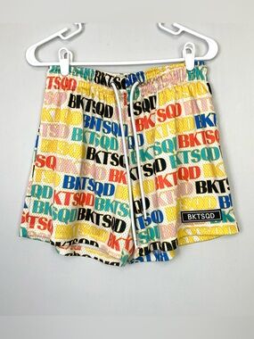 BKTSQD Bucket Squad Mens Large Multicolor Repeat All Over Logo Drawstring Shorts